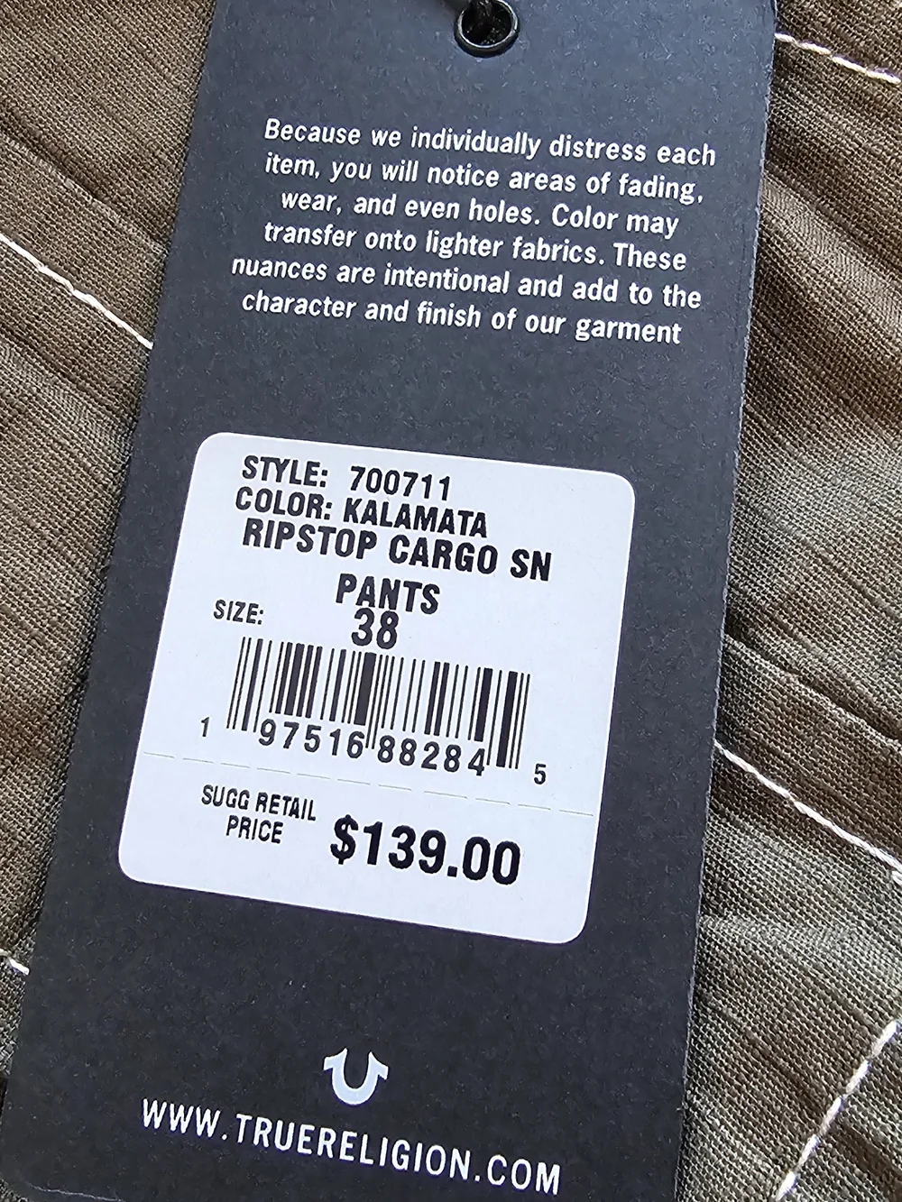 True Religion Ripstop Cargo Pants Kalamata Olive Green Size 38 NWT